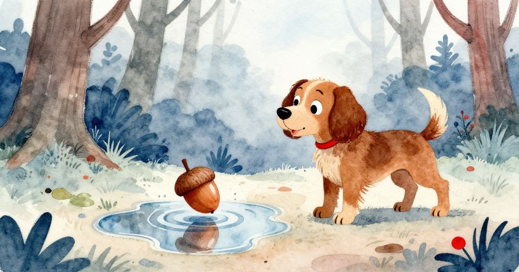 在森林水坑中，橡果落下激起微波，映出倒影與細膩變化，spaniel鼻尖帶著水滴，場景充滿寧靜與驚喜。