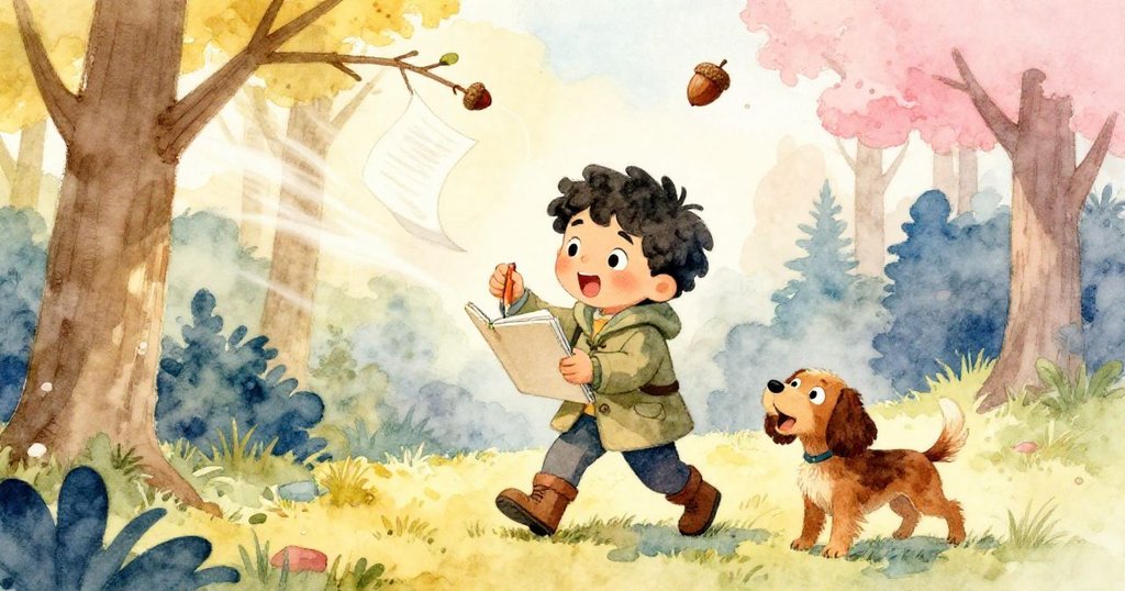 Leo與spaniel於風起的森林邊，畫紙被風吹起，樹枝甩落橡果，瞬間充滿驚喜與動態張力。