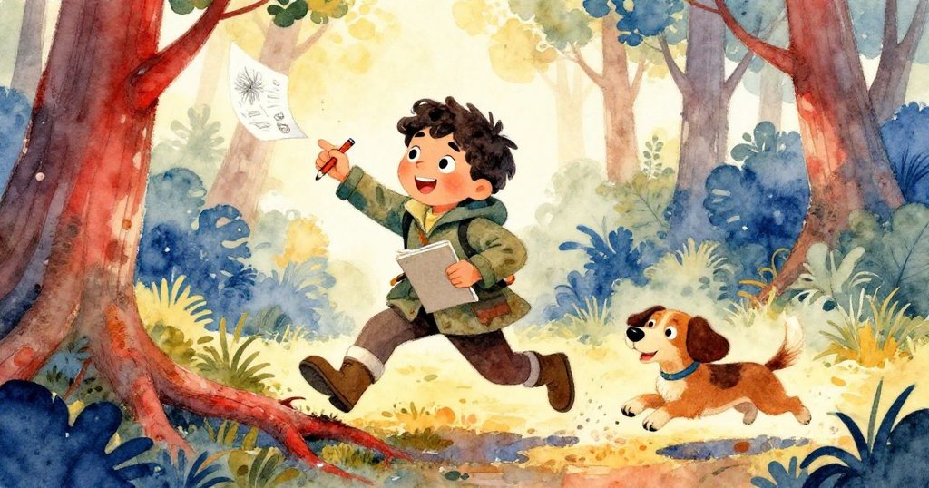 Leo在潮濕樹根上奮力追逐飛舞的畫紙，雙手伸展展示勇氣，spaniel快樂追隨，展現緊張且動感十足的追趕。