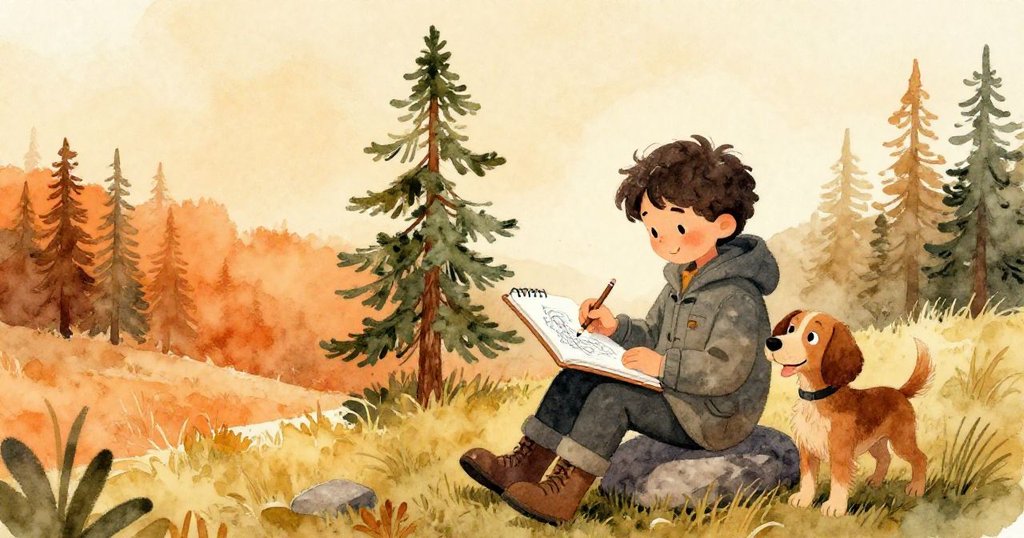Leo將畫紙壓在大石下完成松樹素描，與spaniel共享寧靜喜悅，面對廣闊森林展開新旅程，情感溫暖而充實。