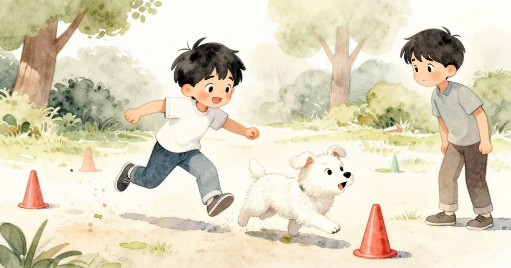 米洛驚愕地看著克洛弗因哨聲急奔，彩色圓錐在草地上散落，場景充滿緊張與驚訝。