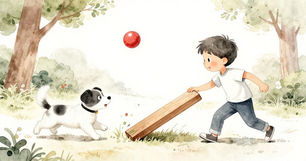 克洛弗追球時見到貓咪出現導致木板倒下，米洛驚慌調整，公園中細節豐富展現意外混亂。