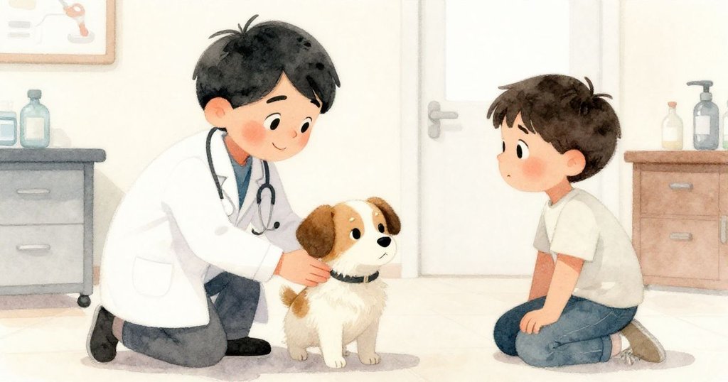 米洛帶著克洛弗進入診所，醫生仔細檢查溫柔治療，室內清新宁靜，流露出關愛與安心。