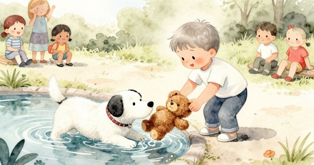 小孩在池塘邊不慎失手掉出泰迪熊，克洛弗英勇滑入水中救回玩具，旁人鼓掌，現場充滿溫馨戲劇性。