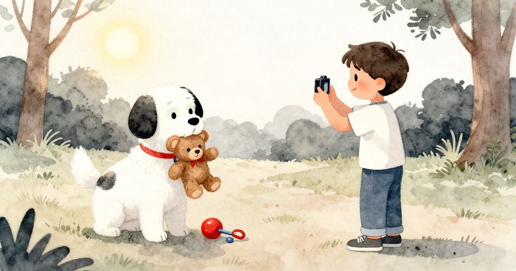 傍晚公園中，米洛用手機捕捉克洛弗驕傲含著濕泰迪熊的溫馨瞬間，背景散落器材與觀眾微笑，落幕和諧。