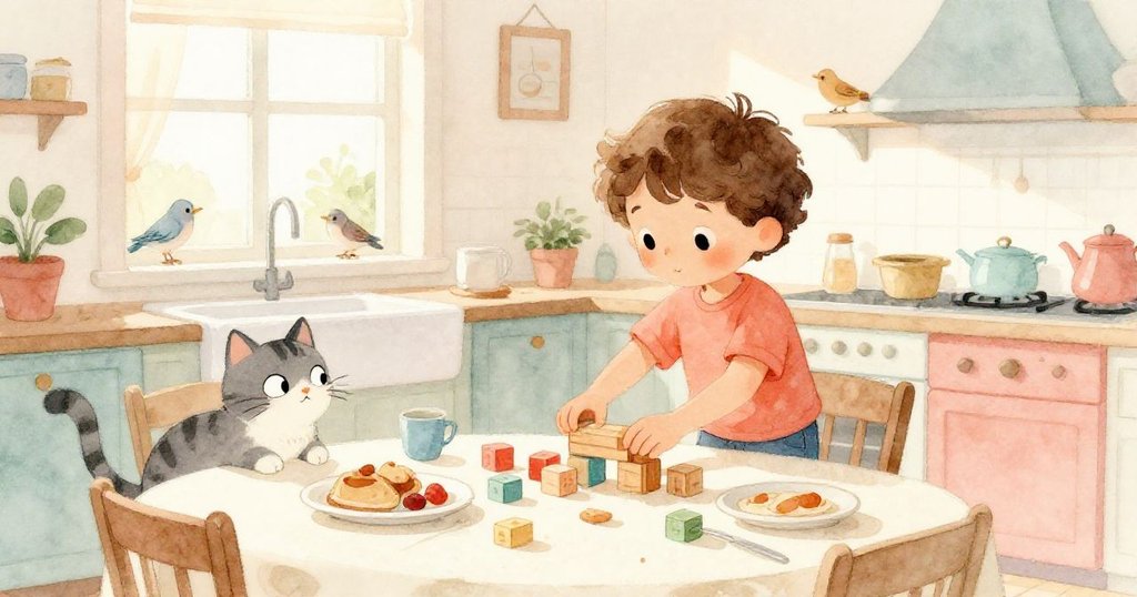 Milo在廚房裡擺放木塊,背景有早餐殘留與小鳥,貓咪好奇觀望,氛圍溫馨明亮。