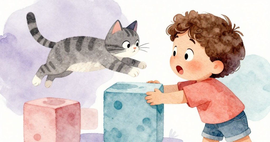 Milo放積木時臉上露出驚訝表情,勇敢貓咪跳上桌椅好奇探查,細膩情感在室內展現。