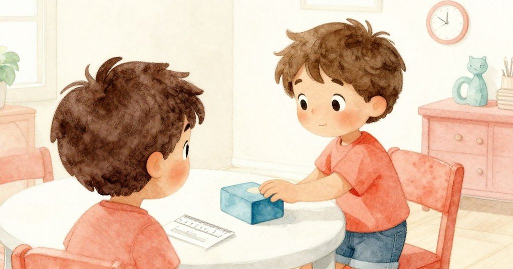 從Milo身後看他細察藍積木與平衡卡片,專注小心翼翼,家庭廚房氛圍溫馨充滿童趣。