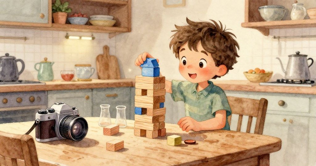 椅下隱蔽角落裡卡片滾動,攝影機險些墜落,積木散落,情節緊湊又滑稽,家庭日常刻畫細膩。