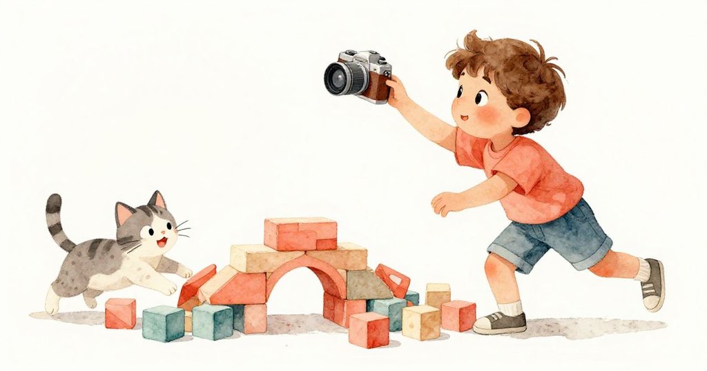 Milo抓住攝影機後重組積木成橋,貓咪在橋中歡快穿梭,桌上紅彈珠點綴,氛圍喜悅溫暖。