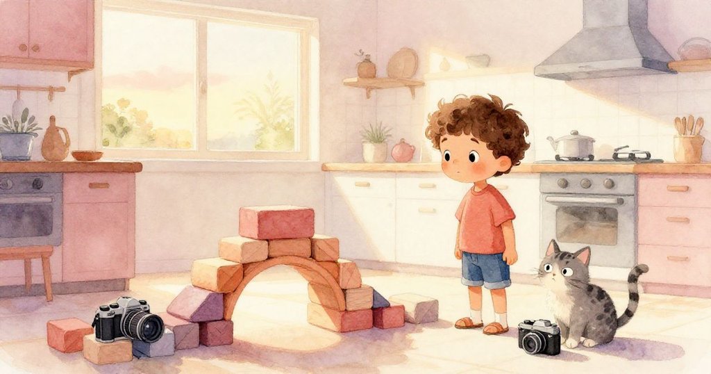 夕陽映照廚房,Milo與貓咪站在新組積木旁,攝影機靜置桌上,場景溫馨柔和,故事完滿落幕。