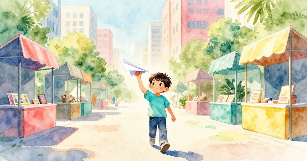 Leo 手持鮮亮紙飛機，平靜行走於現代社區前往社區大廳，臉上洋溢著期待，背景映出金色晨光。