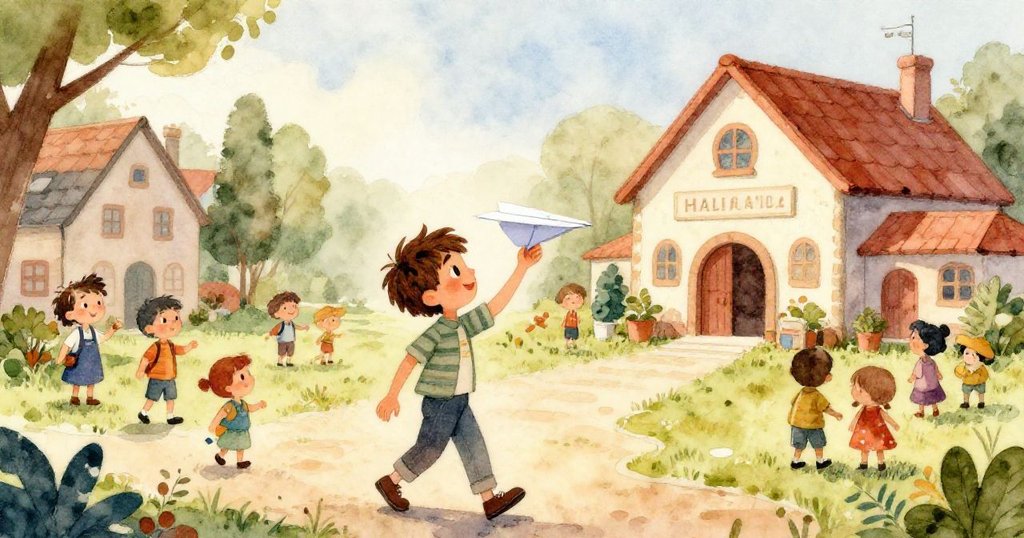 Leo 的手專注地握著精細紙飛機，紙張摺痕清晰，明亮顏色映襯著晨曦，充滿細膩質感。