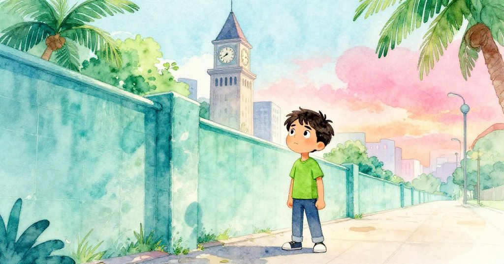 Leo 低角度立於高牆前，堅毅眼神望向隱藏的鐘樓，展示出決心與冒險的氣息。