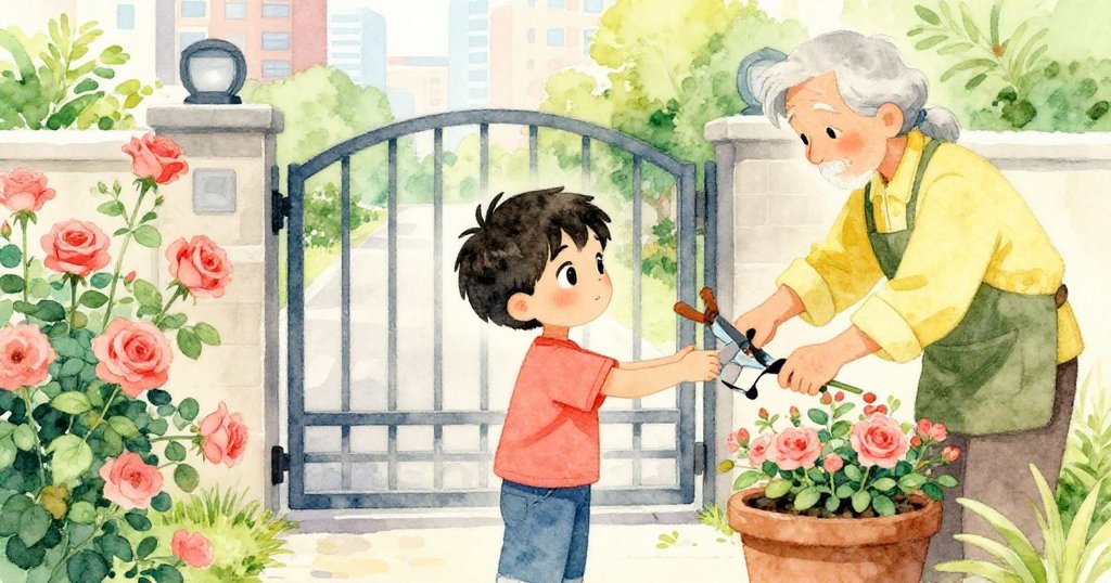 老園丁正在修剪玫瑰，指向半開服務門，Leo 接受指引，表情充滿驚喜與好奇。