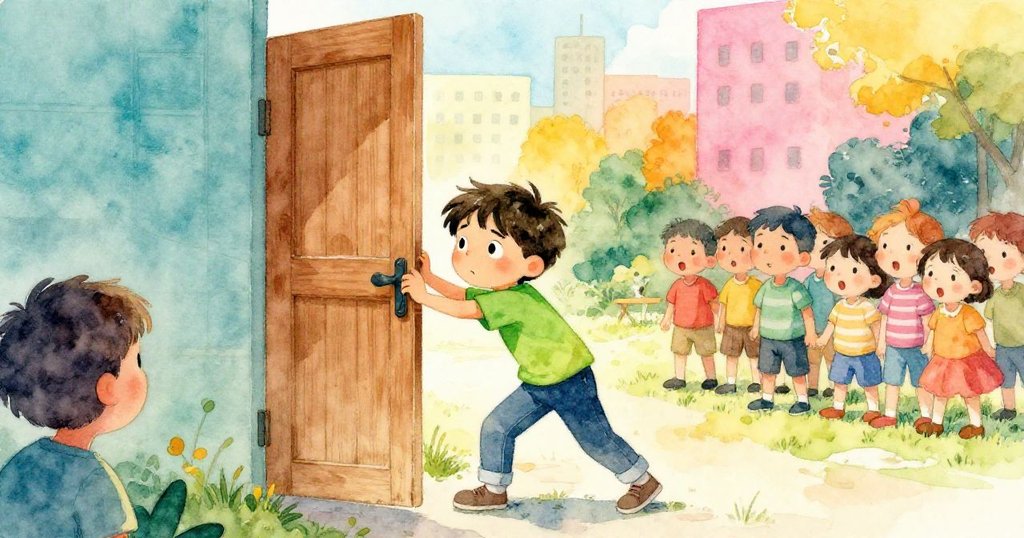 Leo 以肩膀推動沉重大門，群眾旁觀看著他的勇敢行動，環境中充滿互動與動感。