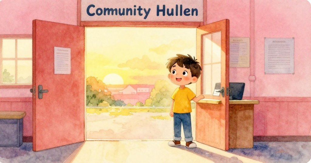 Leo 舉著紙飛機站在登記櫃檯前，溫暖光線伴隨懷抱成功與希望，結束了一段精彩旅程。