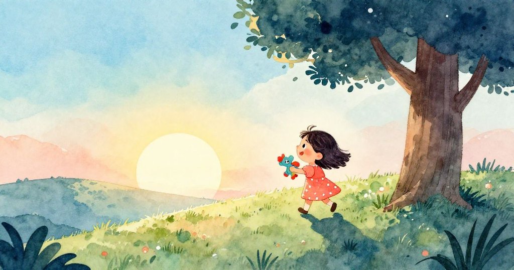 米婭在晨曦中攜帶閃亮玩具走向山坡,背景有高大樹木和廣闊草地,神情充滿期待與希望。