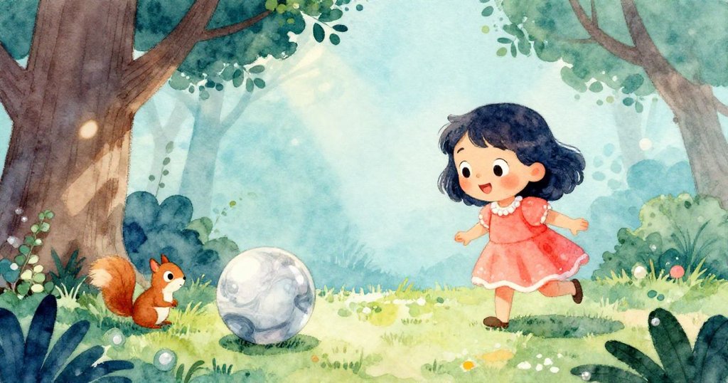 從小動物視角觀察,閃亮彈珠悄然從樹旁滾出,米婭遠景忙碌,環境中光影斑駁,充滿驚喜。