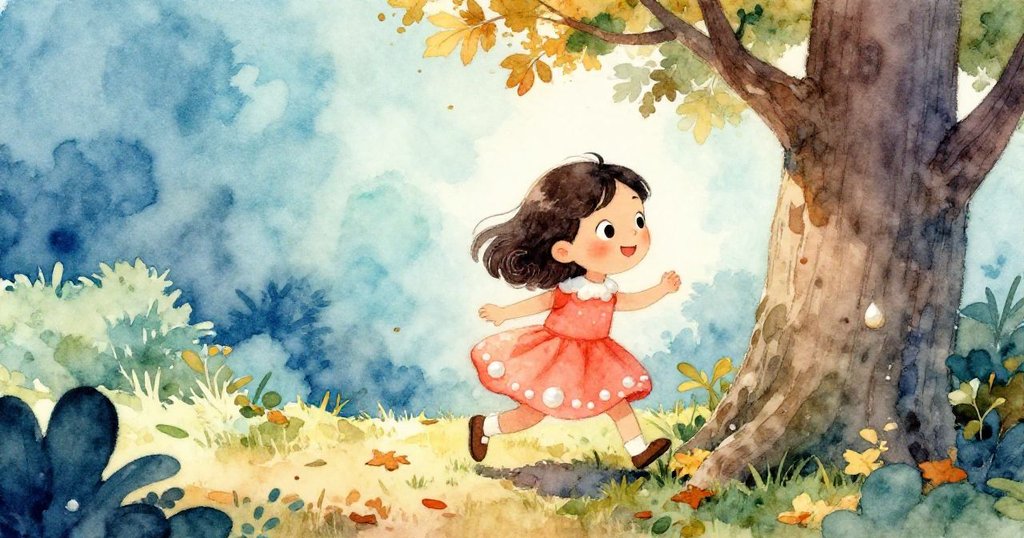 米婭在樹旁小心前行,腳輕觸散落樹葉,環境散發秋日金色溫暖,表情中流露出驚奇與堅定。