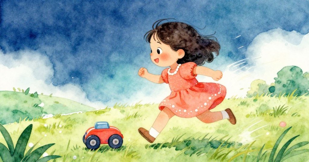 米婭迅速奔跑試圖護住滾動的玩具,草地上運動模糊效果明顯,動感十足,充滿興奮與活力。