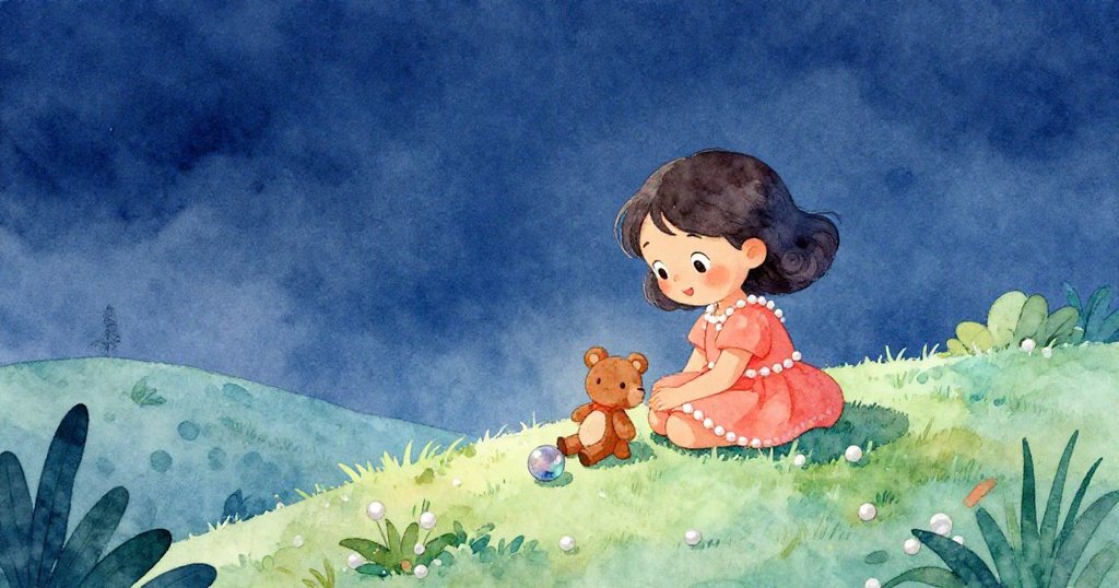 米婭返回山頂,滿足地抱著玩具與彈珠,背景靜謐,黃昏柔光映襯,展現溫馨與圓滿的結局。