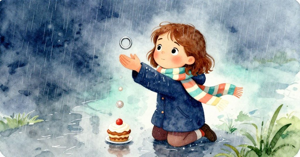 莉娜在傾盆大雨中驚慌俯身,用彩色圍巾迅速接住掉落的蛋糕與銀戒,雨水四濺,情緒緊急。