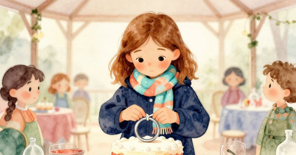 莉娜躲入臨時帳篷內,專注地用圍巾細心包裹蛋糕與銀戒,溫暖燈光映照出安心與細膩。