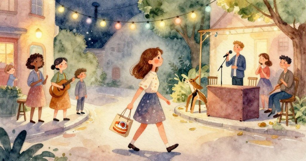 庭院舞台上彩燈閃爍,群眾熱烈鼓掌慶祝,水潭中倒映出快樂場景,莉娜在背景中滿懷安定微笑。