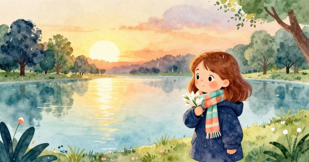 夕陽斜照下,雨勢漸息,莉娜在公園中輕輕將圍巾包裹懷中,溫暖金色光芒映出平和與結局。