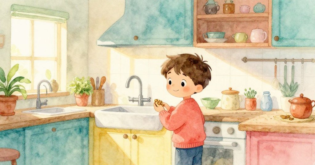 山姆在溫暖廚房中站在洗手槽旁，靜靜握著一粒小豆，神情平靜，開始了他的科學小實驗。