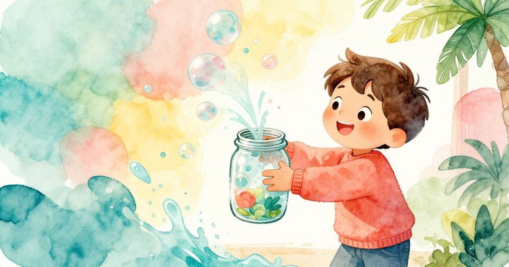 山姆專注地傾斜玻璃罐，透過傾斜視角捕捉氣泡上升破裂的瞬間，展現實驗中的驚喜與動感。