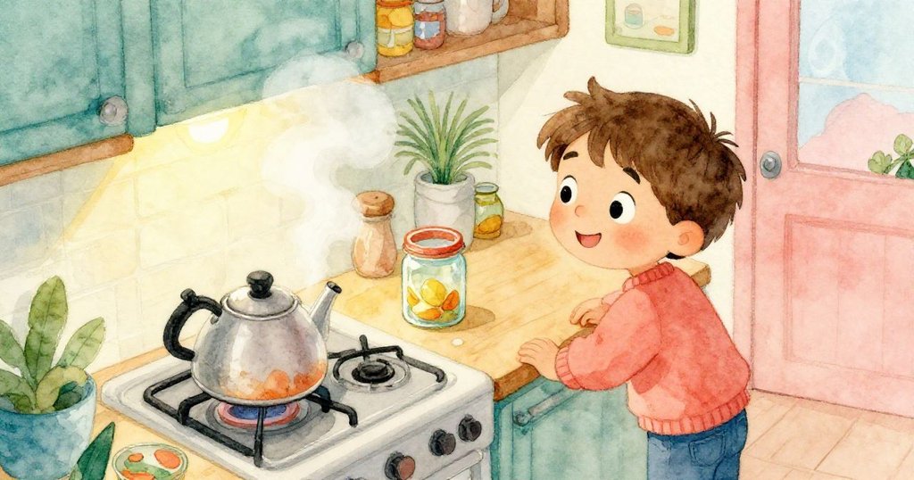 從上方角度看見山姆注視著爐上沸騰水壺冒出熱氣，濃霧籠罩玻璃罐，營造出溫馨神秘的家庭氛圍。