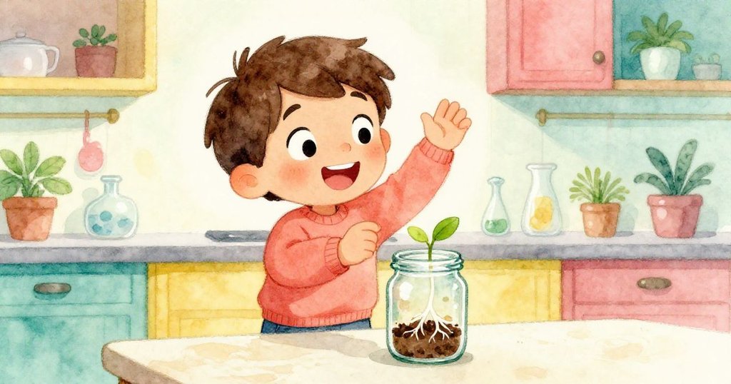 山姆驚喜地凝視玻璃罐中冒出的小白根，滿臉歡愉與驚奇，家中溫馨實驗氛圍洋溢慶祝的喜悅。