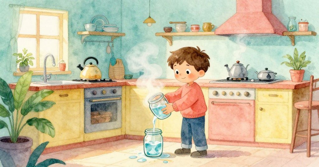 山姆在溫馨廚房中努力扶穩滑落的玻璃罐，溫柔處理溢出的水滴，蒸汽輕舞於爐上，象徵實驗圓滿結局。