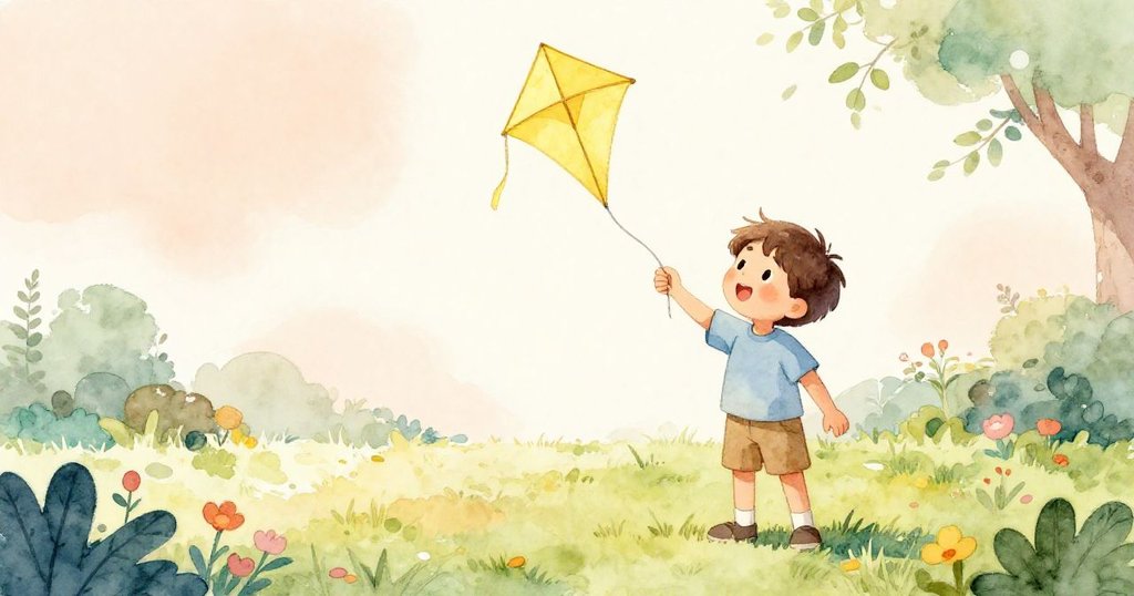 樂奧站在花園中握著黃色風箏,背景明亮充滿綠意,他神情期待展開美好冒險。