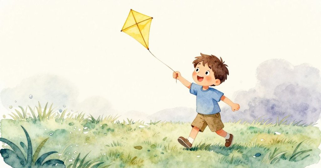 樂奧走向開闊之地,草地上留下清晰腳印,他興奮地拉著風箏穿越花園。