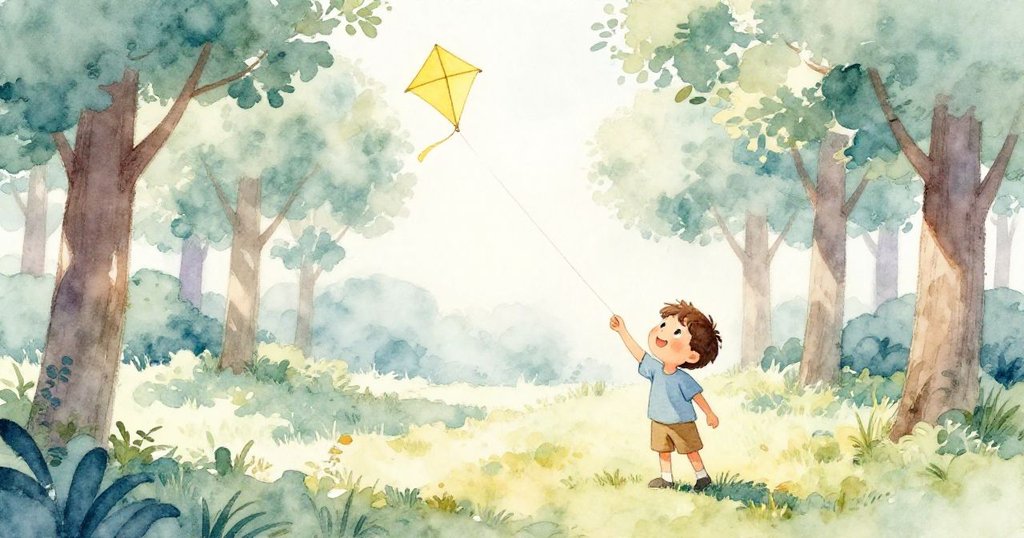 樂奧走入開闊的草坪,環繞著高樹,他仰望風箏飛向藍天,心中充滿希望。