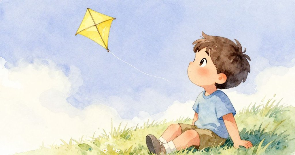 樂奧靜靜坐在草地上凝視高飛的風箏,臉上流露出平和與滿足。