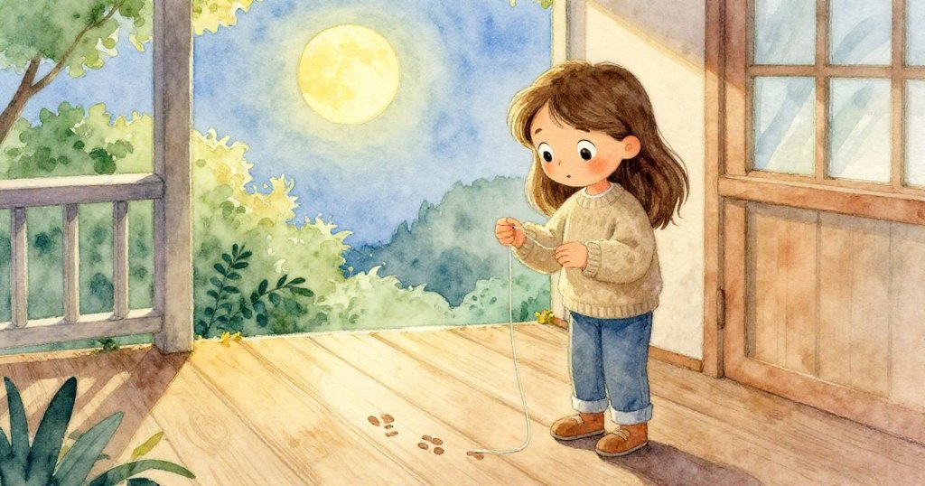 莎拉彎腰拾起細長線，赤腳踏在溫暖木質門廊上，神情專注且充滿期待，展示細緻探索。