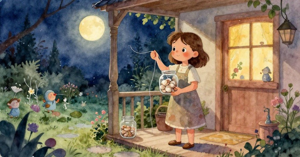 從低角度看見線條滑落於欄杆，發出微弱銀光，莎拉失手瞬間展現夜晚魔幻細節與溫柔動作。