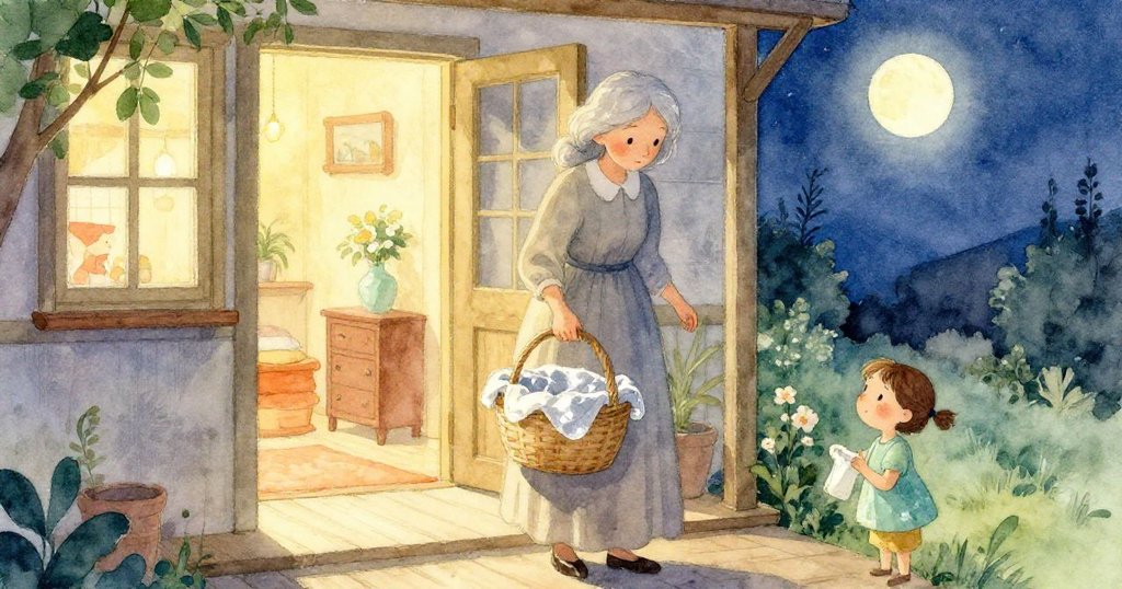 溫柔女士步出家門，帶來籃子輕放於桌旁，夜光輕拂布料，營造出宛如新房間般溫馨寧靜的場景。