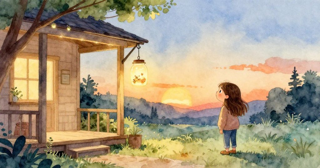 月光下門廊上懸掛著發光罐，莎拉靜立欣賞，柔和光線環繞屋頂，完美詮釋溫暖寧靜結局。