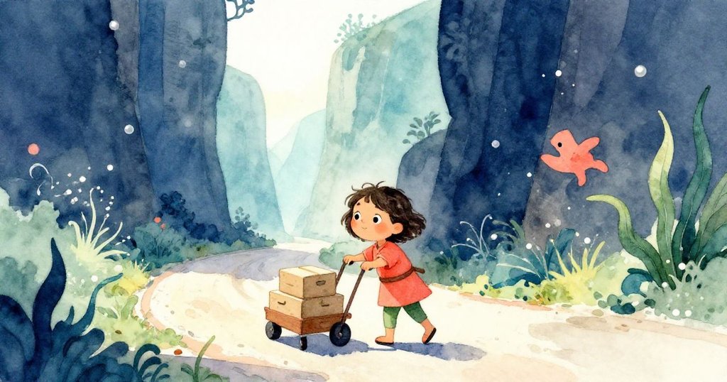 Mia推著裝有圓盒的小車,在明亮的山谷中行進,她的身影在暖陽下清晰而期待。