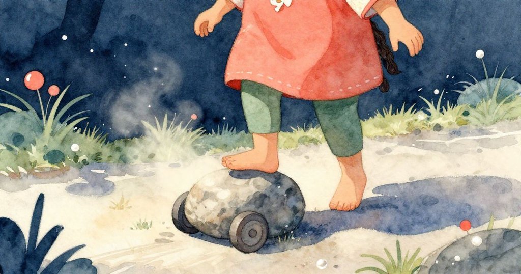 Mia輕快前行,她注意到大石阻路,腳步踏著微塵,臉上帶著好奇與輕快之情。