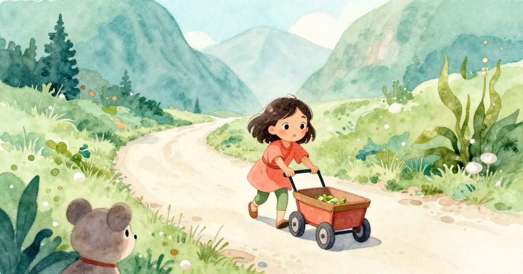 從小動物視角看見Mia推車經過,眼前景色充滿驚奇與溫暖,山谷中自然生機盎然。
