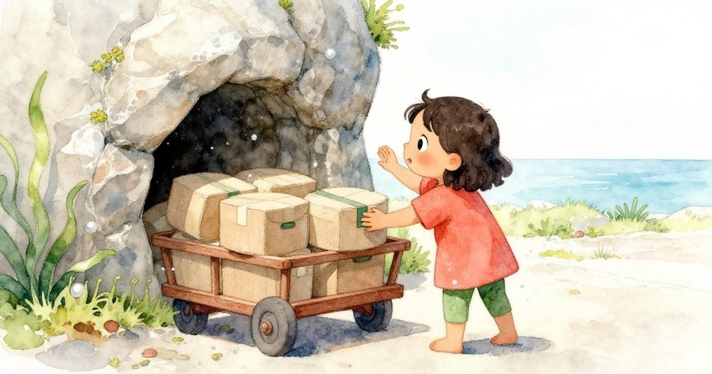 Mia將盒子一一提出,發現被石頭下隱藏的洞穴,陽光閃耀其中,她充滿探索好奇。