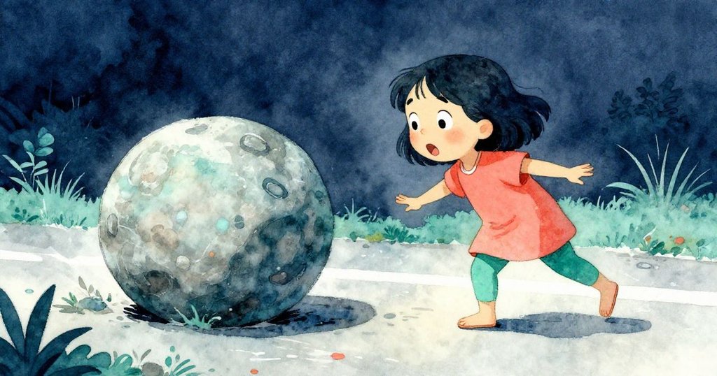 當石頭微微滾動時,Mia驚訝而警覺,環境中充滿緊張的氛圍與期待感。