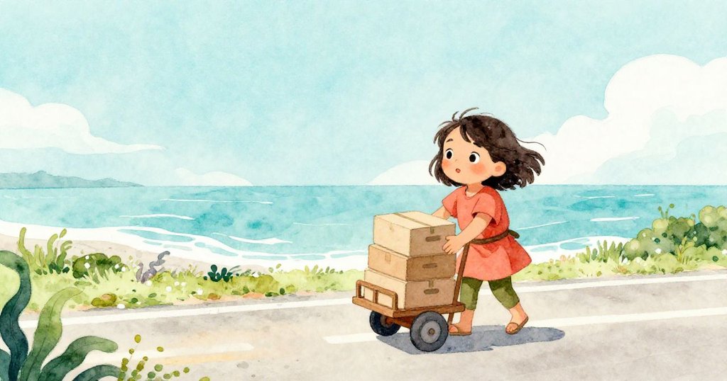 Mia整理盒子回裝小車,沿著清澈道路繼續前行,溫暖的風帶來悠然自在的氛圍。
