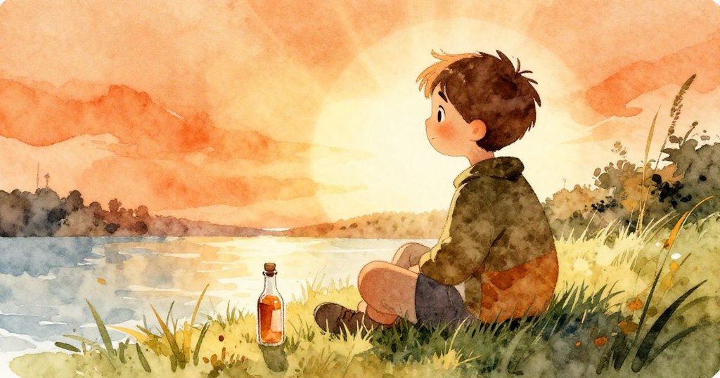 Ben坐在柔軟的草地上，注視海邊輕輕移動的小瓶，背景明亮溫暖，開啟奇妙冒險故事的起點。